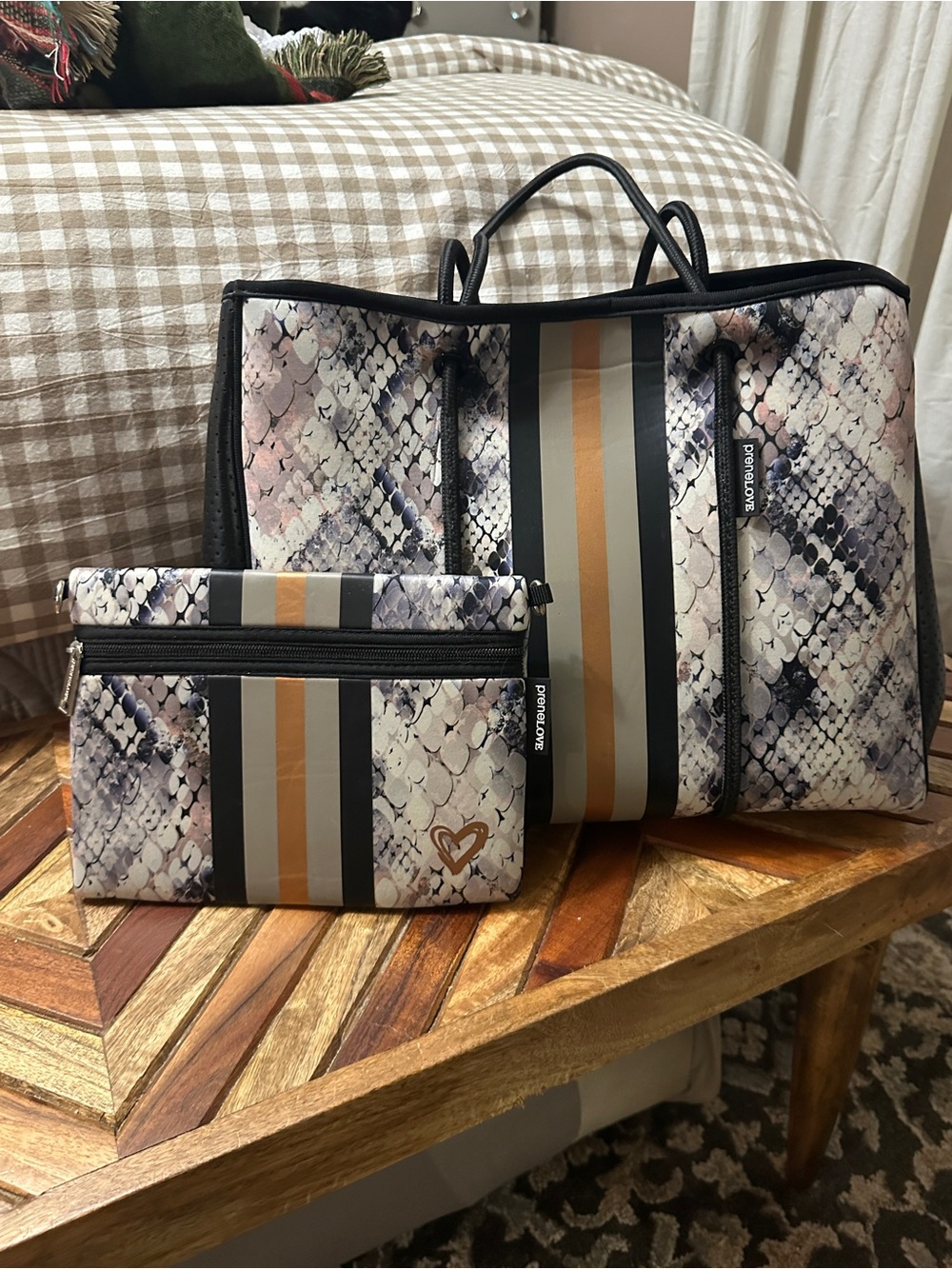 Striped Snake-Print Duffel Bag with Pouch - Black, Tan, Gray